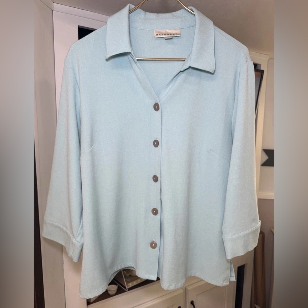 Haymaker Womens Size PXL Pale Blue Aqua Blouse Linen Feel Flowing Comfy Sharp! - Picture 6 of 7